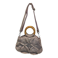 Borsa a uncinetto lilla con doppio manico in bambù