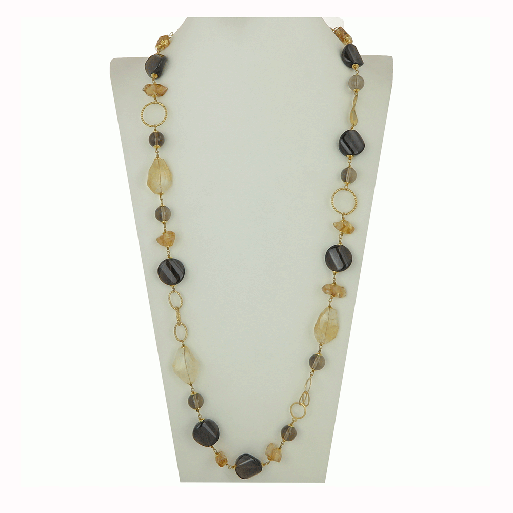 Collana lunga con quarzo citrino e topazio fumè