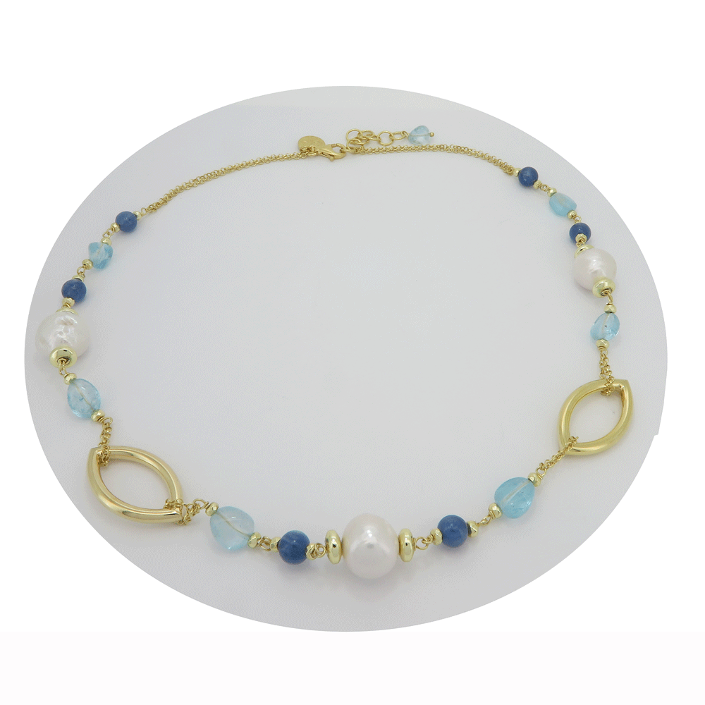 Collana con perle di fiume agata blu e acquamarina con inserti ovali in argento 925 placcato oro giallo 18 carati