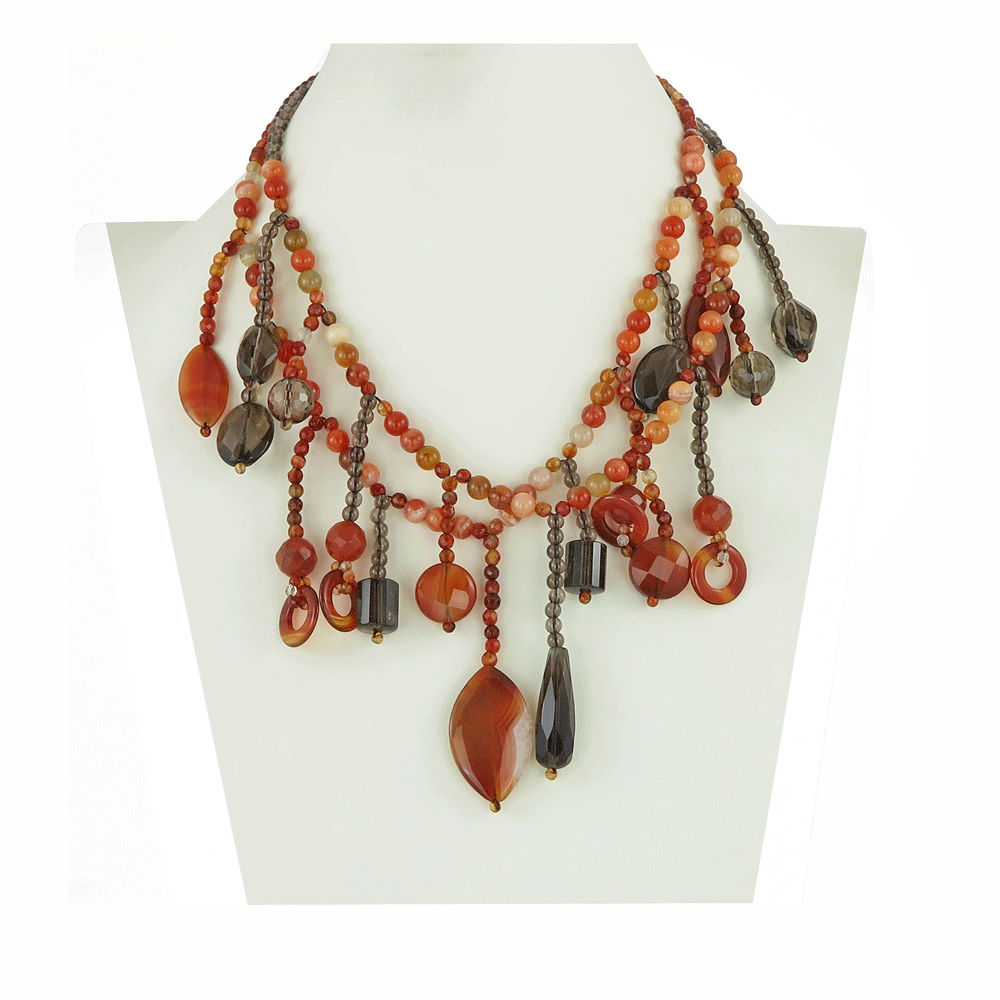 Collana con pietre dure rosse e grigie a due fili a cascata
