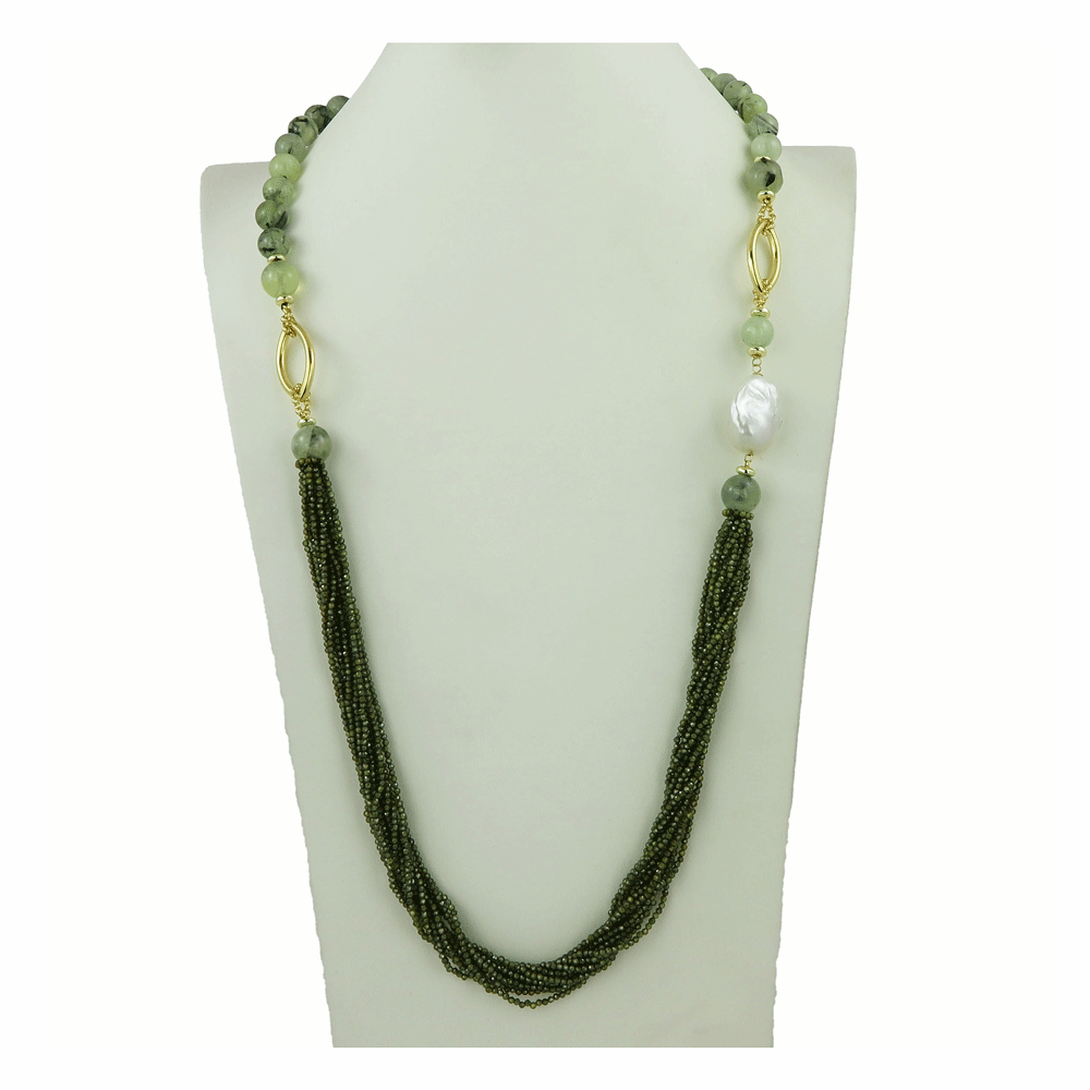 Multi-strand necklace with peridot crystals and pearl