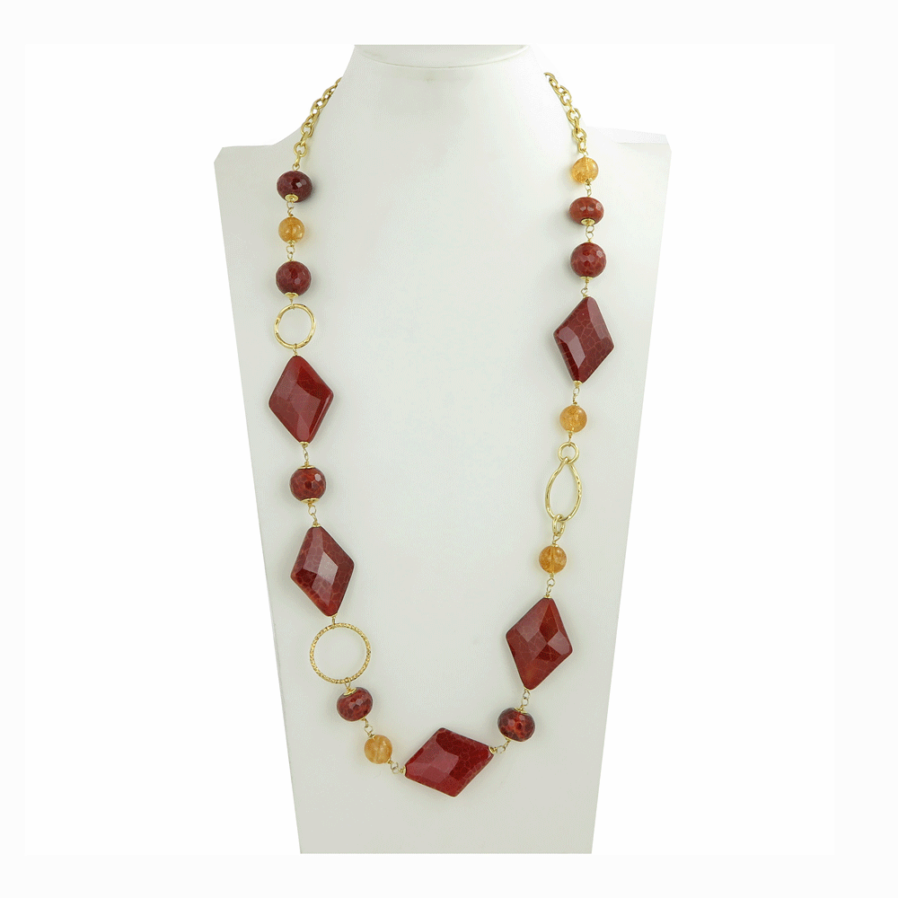 Collana lunga con agata di fuoco e quarzo citrino su catena in argento dorato 925