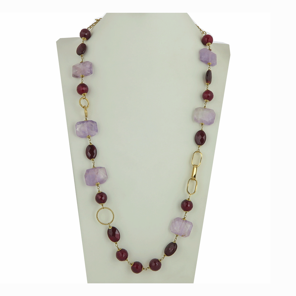 Collana lunga con agata bordeaux e ametiste sfaccettate con catena in argento dorato 925