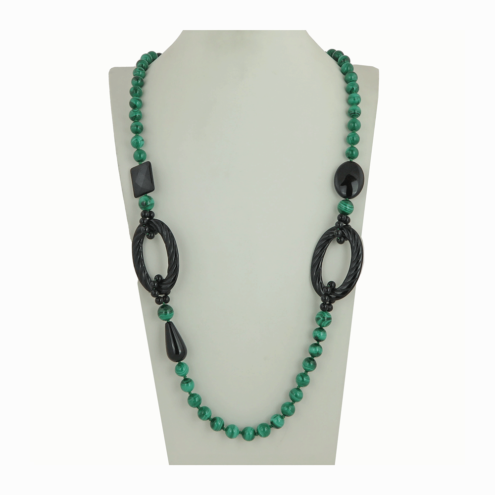 Collana lunga in malachite e agata nera