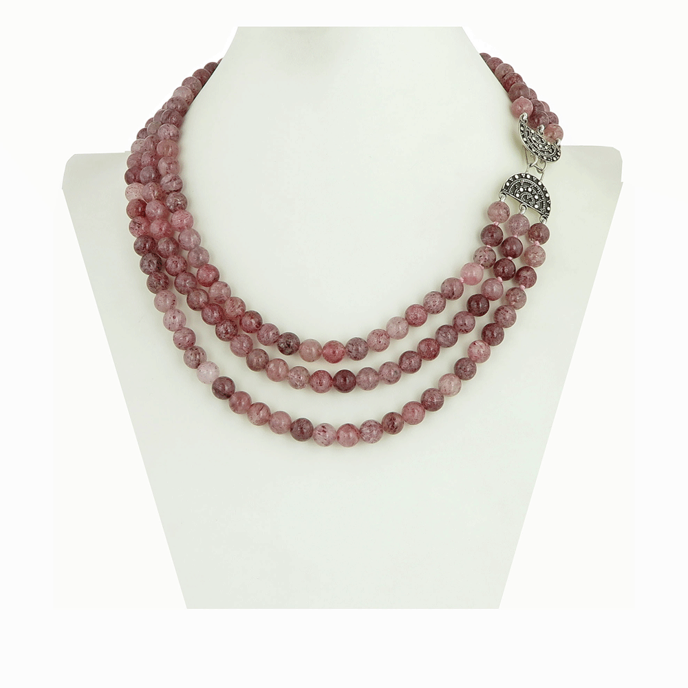 Collana di quarzo rosa a tre fili con chiusura in argento 925