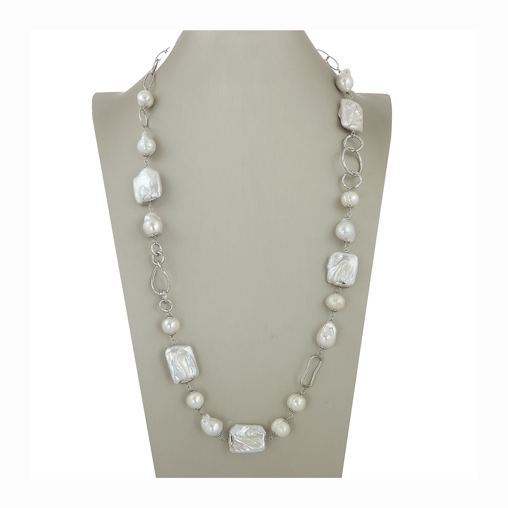 Collana lunga in argento con perle di fiume