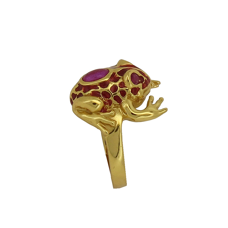 Anello in argento dorato con rana smaltata