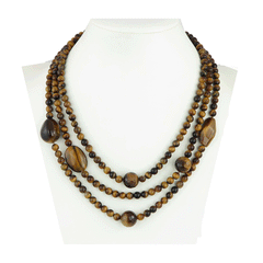 Collana in occhio di tigre naturale a tre fili con pietre ovali e sferiche – Viganò Milano 1919