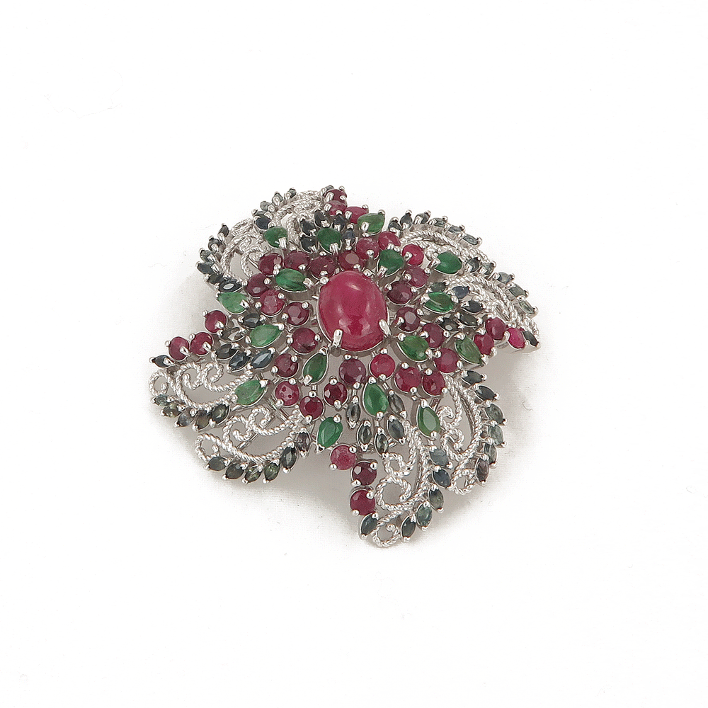 Spilla gioiello in argento con smeraldi e rubini