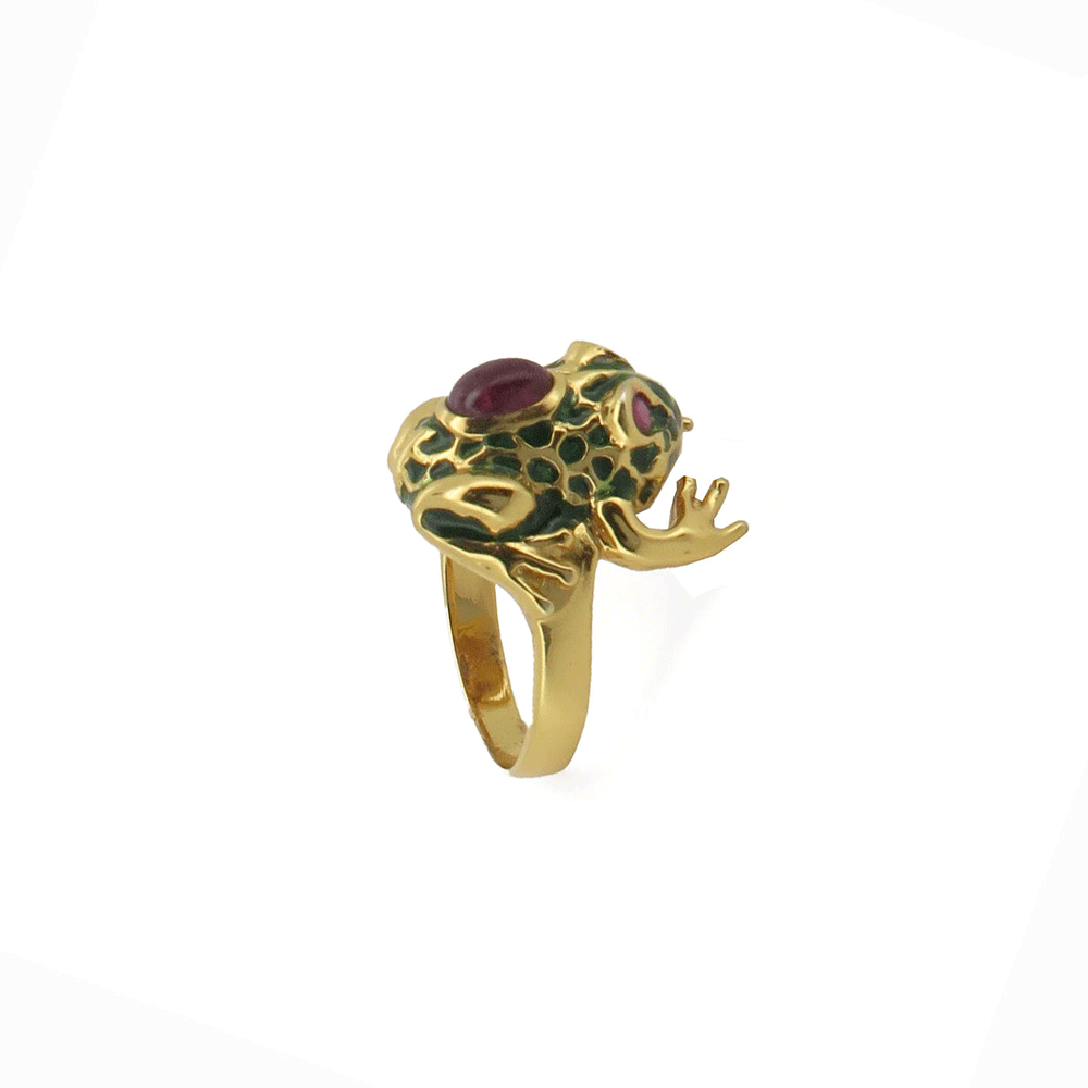 Gold plated silver ring with enameled frog