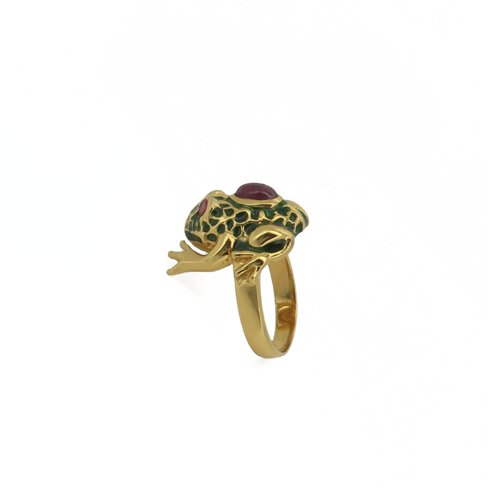 Gold plated silver ring with enameled frog
