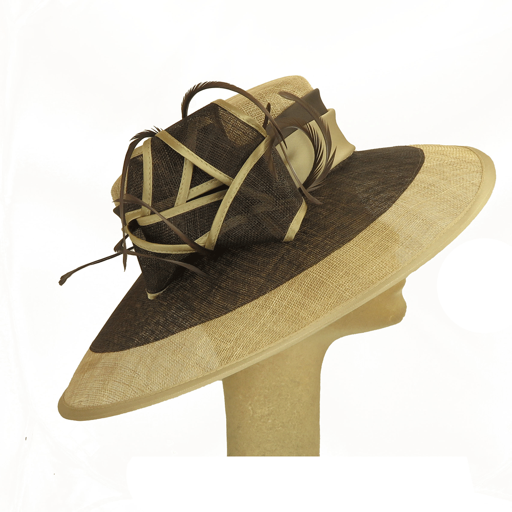 Beige and cocoa ceremonial hat with feathers