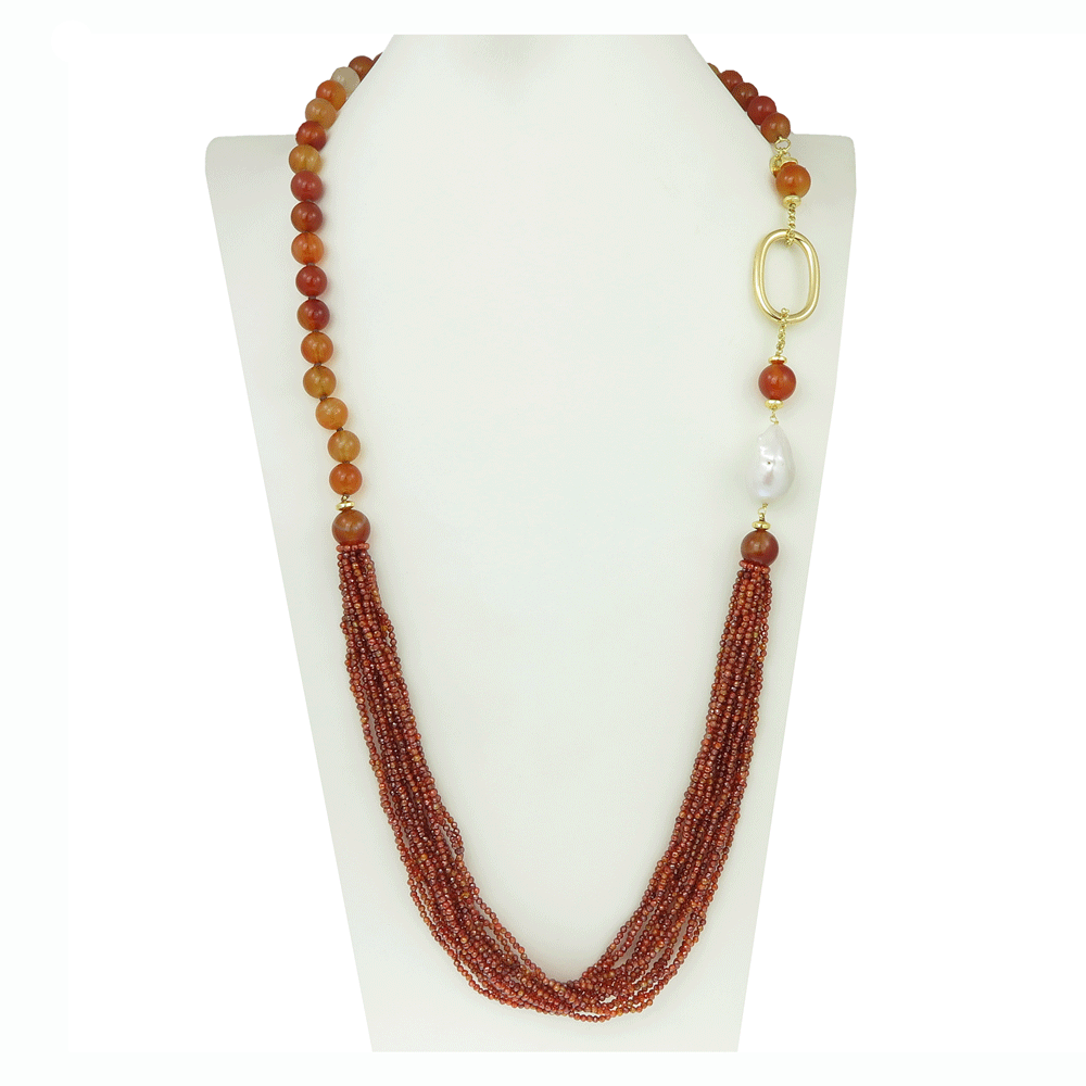 Collana multifilo con corniola , cristalli e perla