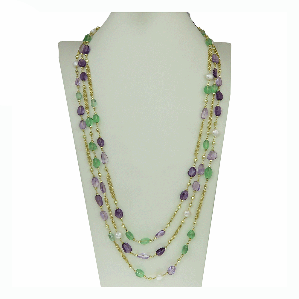 Collana lunga con pietre dure, con ametista, agata verde, perle di fiume e catena in argento 925 placcato oro giallo