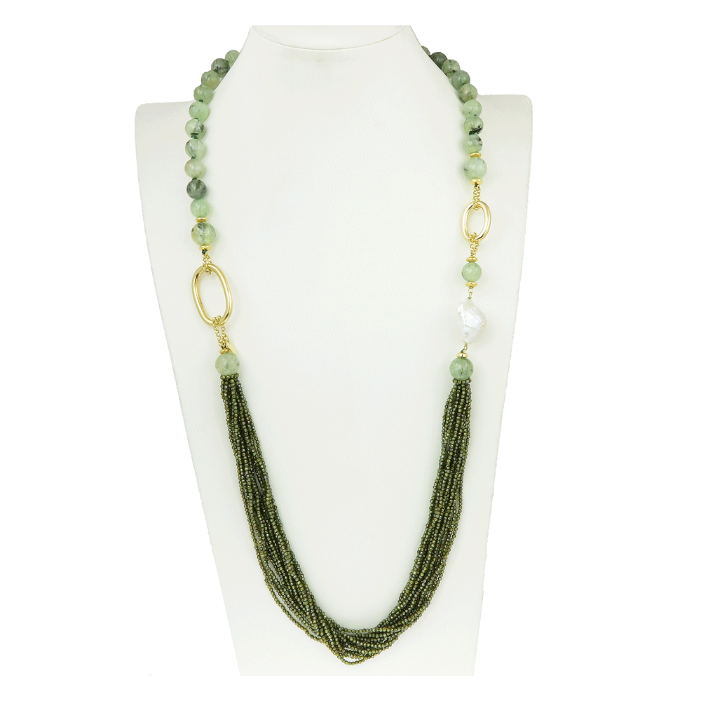 Collana multifilo con peridot , cristalli e perla