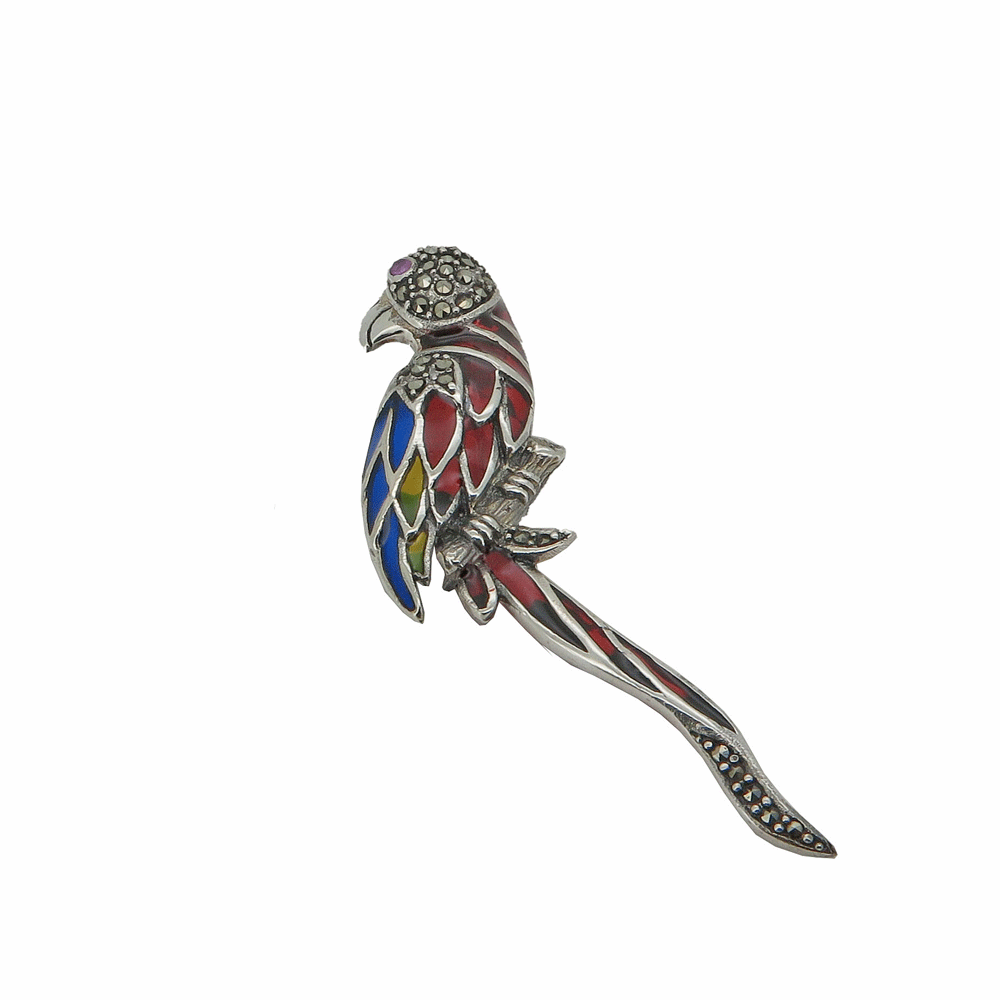 Spilla gioiello in argento con pappagallo