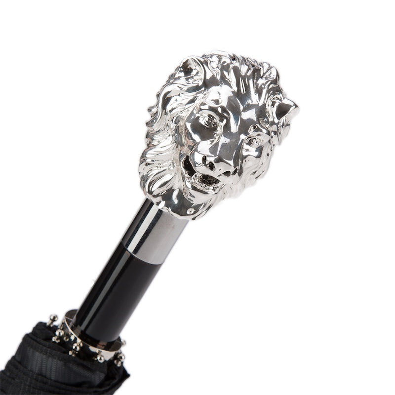 Ombrello pieghevole nero con leone argentato