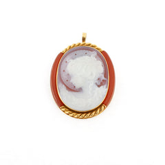 Spilla e ciondolo cammeo in oro e corniola