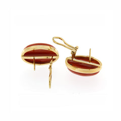 18 kt gold and red coral spool earrings