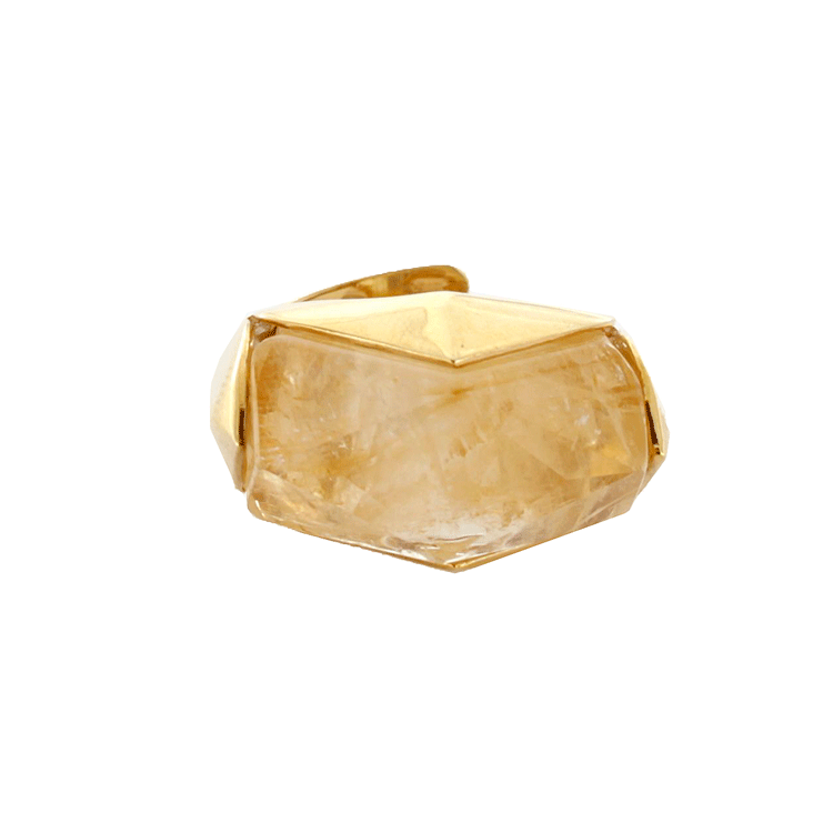 Citrine quartz and golden silver ring