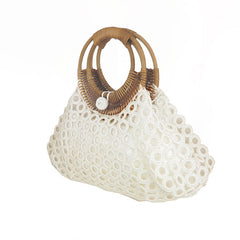 Borsa a uncinetto bianca con manici in bamboo