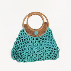 Borsa a uncinetto turchese con manici in bamboo