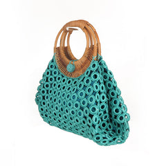 Turquoise crochet bag with bamboo handles